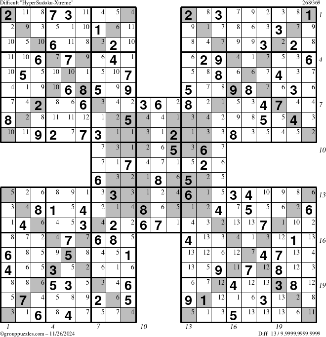 The grouppuzzles.com Difficult HyperSudoku-Xtreme puzzle for Tuesday November 26, 2024 with all 13 steps marked