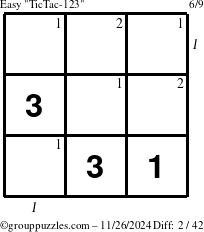 The grouppuzzles.com Easy TicTac-123 puzzle for Tuesday November 26, 2024 with all 2 steps marked