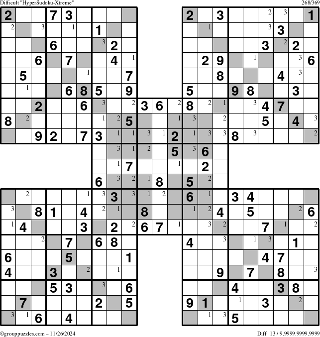 The grouppuzzles.com Difficult HyperSudoku-Xtreme puzzle for Tuesday November 26, 2024 with the first 3 steps marked