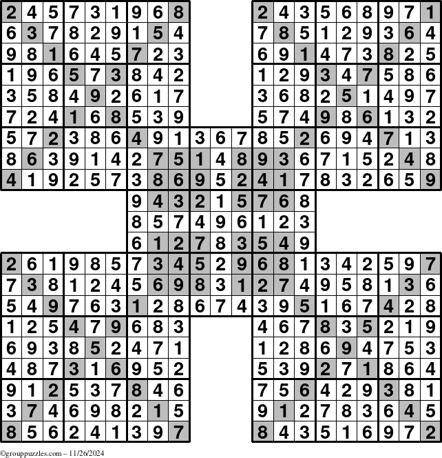 The grouppuzzles.com Answer grid for the HyperSudoku-Xtreme puzzle for Tuesday November 26, 2024