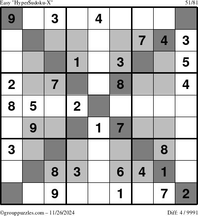 The grouppuzzles.com Easy HyperSudoku-X puzzle for Tuesday November 26, 2024