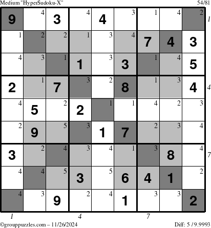 The grouppuzzles.com Medium HyperSudoku-X puzzle for Tuesday November 26, 2024 with all 5 steps marked