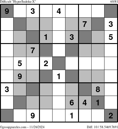 The grouppuzzles.com Difficult HyperSudoku-X puzzle for Tuesday November 26, 2024