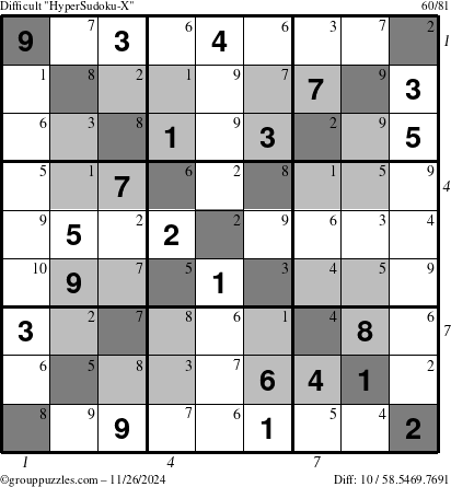 The grouppuzzles.com Difficult HyperSudoku-X puzzle for Tuesday November 26, 2024 with all 10 steps marked