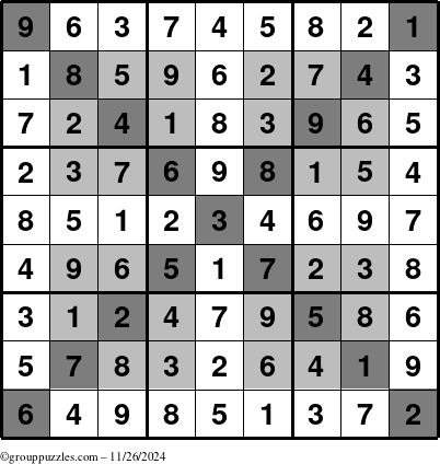 The grouppuzzles.com Answer grid for the HyperSudoku-X puzzle for Tuesday November 26, 2024