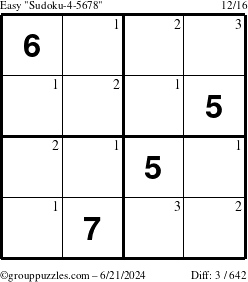 The grouppuzzles.com Easy Sudoku-4-5678 puzzle for Friday June 21, 2024 with the first 3 steps marked