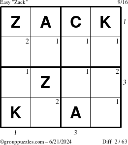 The grouppuzzles.com Easy Zack puzzle for Friday June 21, 2024 with all 2 steps marked