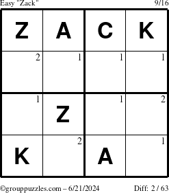 The grouppuzzles.com Easy Zack puzzle for Friday June 21, 2024 with the first 2 steps marked