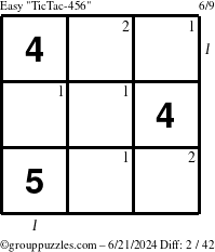 The grouppuzzles.com Easy TicTac-456 puzzle for Friday June 21, 2024 with all 2 steps marked