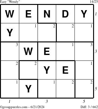 The grouppuzzles.com Easy Wendy puzzle for Friday June 21, 2024 with all 3 steps marked