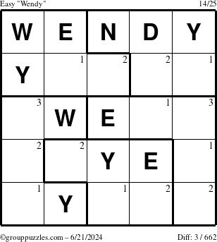 The grouppuzzles.com Easy Wendy puzzle for Friday June 21, 2024 with the first 3 steps marked