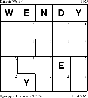 The grouppuzzles.com Difficult Wendy puzzle for Friday June 21, 2024 with the first 3 steps marked