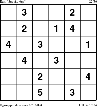 The grouppuzzles.com Easy Sudoku-6up puzzle for Friday June 21, 2024