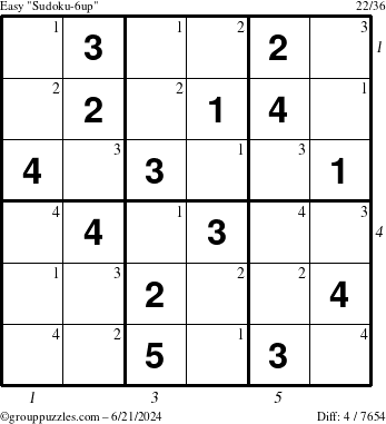 The grouppuzzles.com Easy Sudoku-6up puzzle for Friday June 21, 2024 with all 4 steps marked