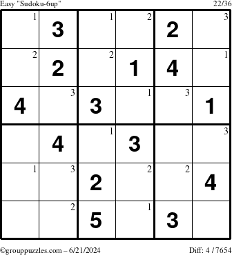 The grouppuzzles.com Easy Sudoku-6up puzzle for Friday June 21, 2024 with the first 3 steps marked