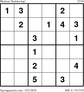 The grouppuzzles.com Medium Sudoku-6up puzzle for Friday June 21, 2024