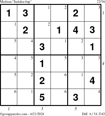 The grouppuzzles.com Medium Sudoku-6up puzzle for Friday June 21, 2024 with all 6 steps marked