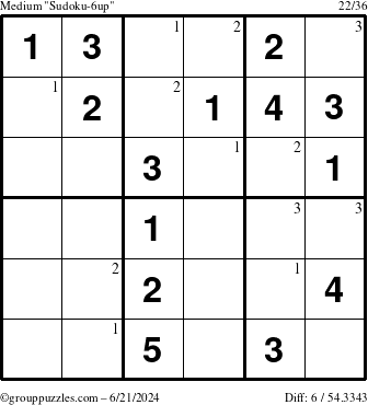 The grouppuzzles.com Medium Sudoku-6up puzzle for Friday June 21, 2024 with the first 3 steps marked