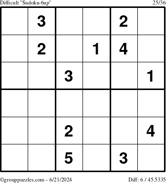 The grouppuzzles.com Difficult Sudoku-6up puzzle for Friday June 21, 2024