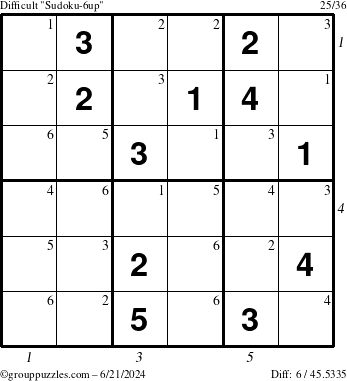 The grouppuzzles.com Difficult Sudoku-6up puzzle for Friday June 21, 2024 with all 6 steps marked