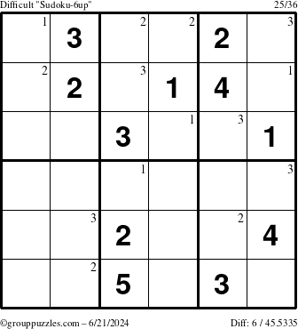 The grouppuzzles.com Difficult Sudoku-6up puzzle for Friday June 21, 2024 with the first 3 steps marked