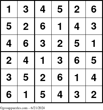 The grouppuzzles.com Answer grid for the Sudoku-6up puzzle for Friday June 21, 2024