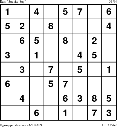 The grouppuzzles.com Easy Sudoku-8up puzzle for Friday June 21, 2024