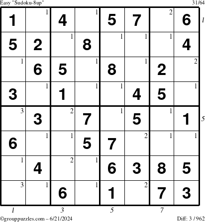 The grouppuzzles.com Easy Sudoku-8up puzzle for Friday June 21, 2024 with all 3 steps marked