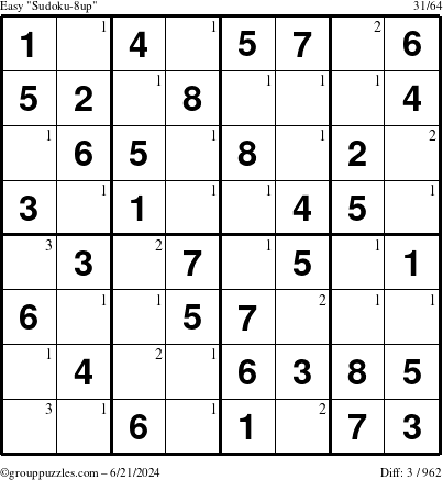 The grouppuzzles.com Easy Sudoku-8up puzzle for Friday June 21, 2024 with the first 3 steps marked