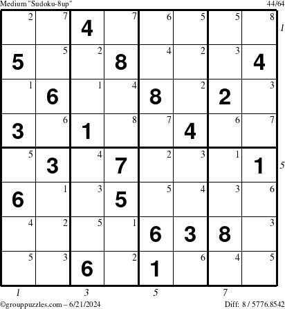 The grouppuzzles.com Medium Sudoku-8up puzzle for Friday June 21, 2024 with all 8 steps marked