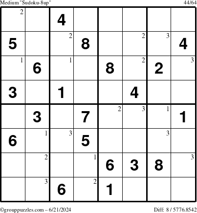 The grouppuzzles.com Medium Sudoku-8up puzzle for Friday June 21, 2024 with the first 3 steps marked