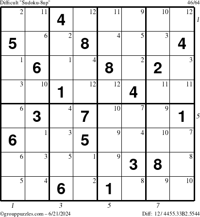 The grouppuzzles.com Difficult Sudoku-8up puzzle for Friday June 21, 2024 with all 12 steps marked