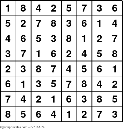 The grouppuzzles.com Answer grid for the Sudoku-8up puzzle for Friday June 21, 2024