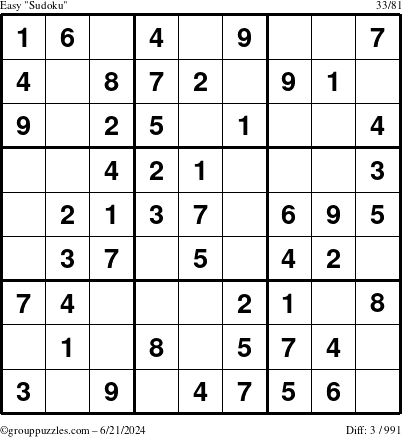 The grouppuzzles.com Easy Sudoku puzzle for Friday June 21, 2024