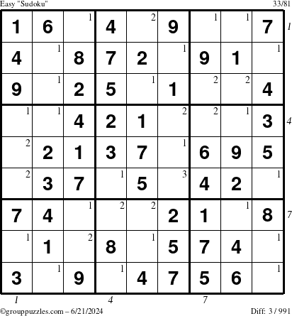 The grouppuzzles.com Easy Sudoku puzzle for Friday June 21, 2024, suitable for printing, with all 3 steps marked