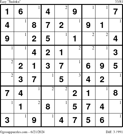 The grouppuzzles.com Easy Sudoku puzzle for Friday June 21, 2024 with the first 3 steps marked