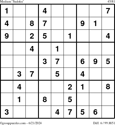 The grouppuzzles.com Medium Sudoku puzzle for Friday June 21, 2024