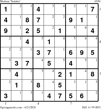 The grouppuzzles.com Medium Sudoku puzzle for Friday June 21, 2024, suitable for printing, with all 6 steps marked