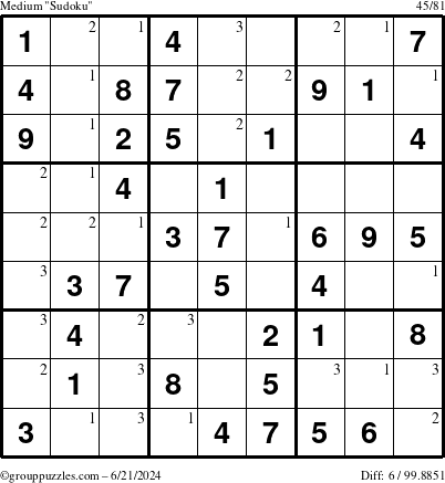 The grouppuzzles.com Medium Sudoku puzzle for Friday June 21, 2024 with the first 3 steps marked