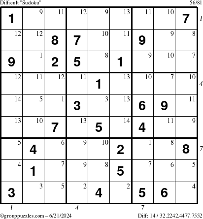 The grouppuzzles.com Difficult Sudoku puzzle for Friday June 21, 2024 with all 14 steps marked