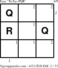 The grouppuzzles.com Easy TicTac-PQR puzzle for Friday June 21, 2024 with all 2 steps marked