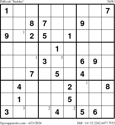 The grouppuzzles.com Difficult Sudoku puzzle for Friday June 21, 2024 with the first 3 steps marked