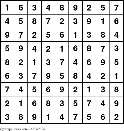 The grouppuzzles.com Answer grid for the Sudoku puzzle for Friday June 21, 2024