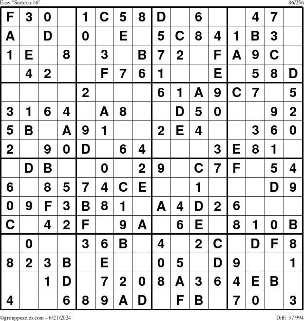 The grouppuzzles.com Easy Sudoku-16 puzzle for Friday June 21, 2024