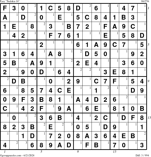 The grouppuzzles.com Easy Sudoku-16 puzzle for Friday June 21, 2024 with all 3 steps marked