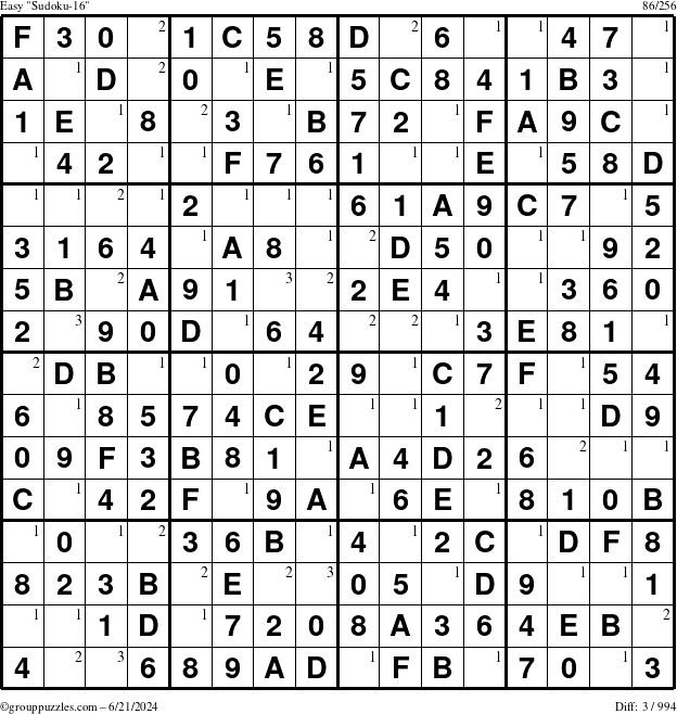 The grouppuzzles.com Easy Sudoku-16 puzzle for Friday June 21, 2024 with the first 3 steps marked