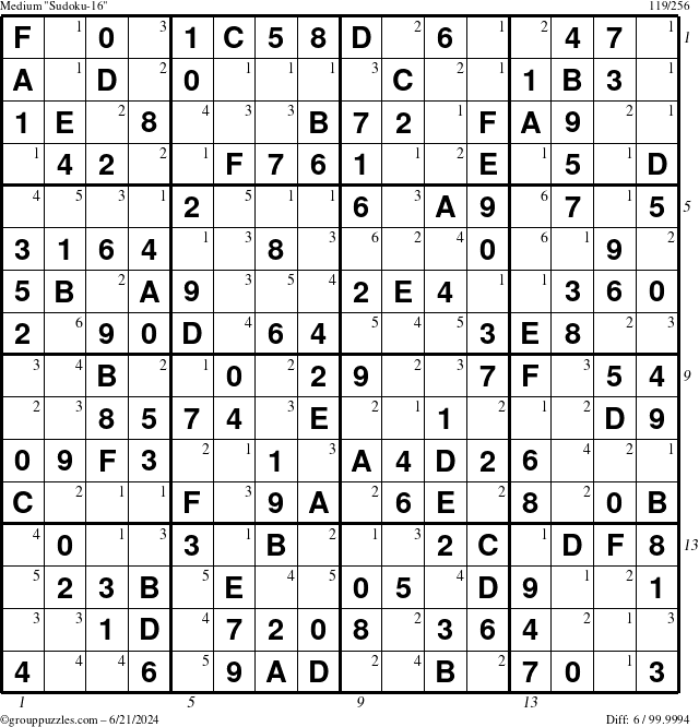 The grouppuzzles.com Medium Sudoku-16 puzzle for Friday June 21, 2024, suitable for printing, with all 6 steps marked