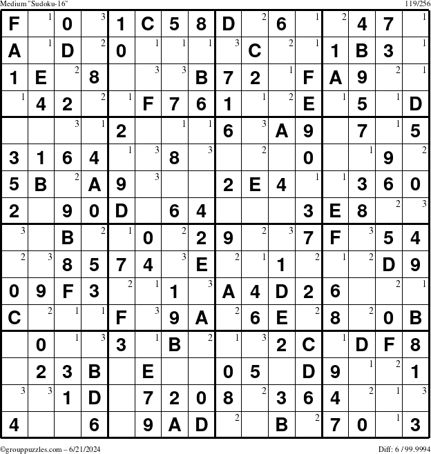 The grouppuzzles.com Medium Sudoku-16 puzzle for Friday June 21, 2024 with the first 3 steps marked