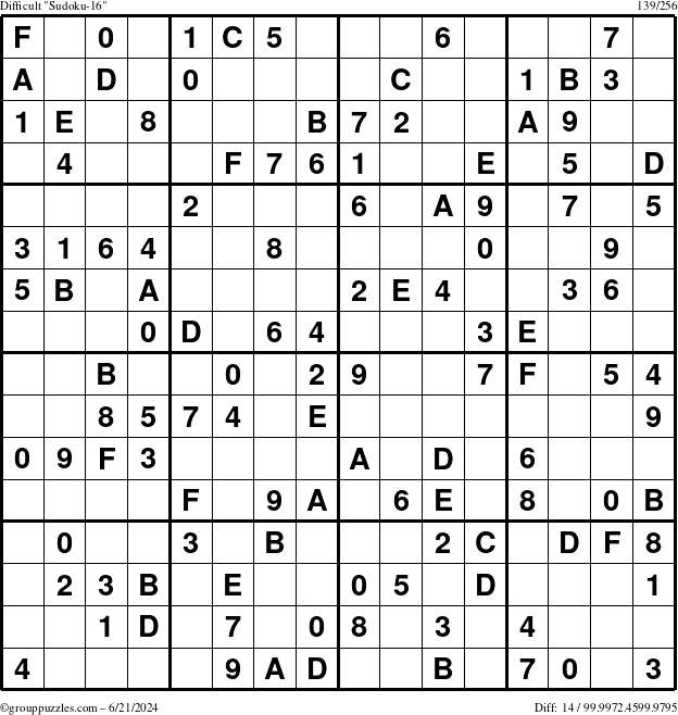 The grouppuzzles.com Difficult Sudoku-16 puzzle for Friday June 21, 2024