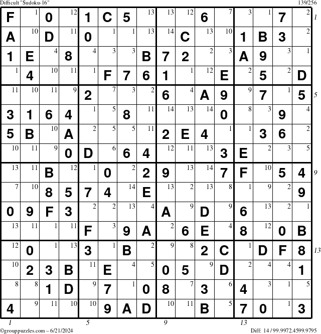 The grouppuzzles.com Difficult Sudoku-16 puzzle for Friday June 21, 2024 with all 14 steps marked